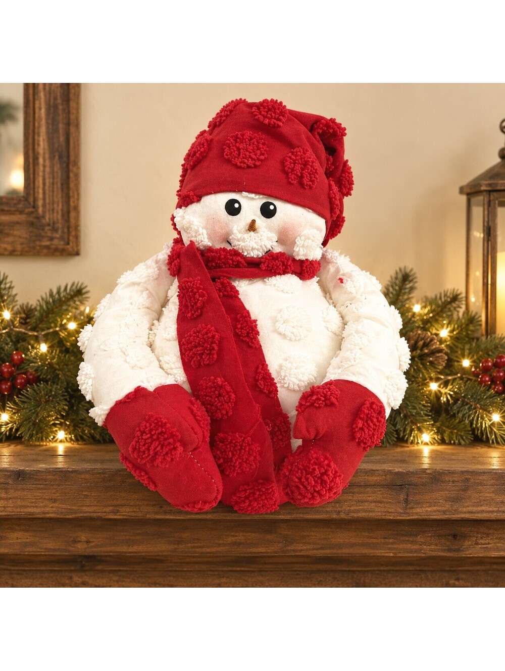 Christmas Snowman Doll Red White Chenille Plush Primitive Holiday Shelf Sitter